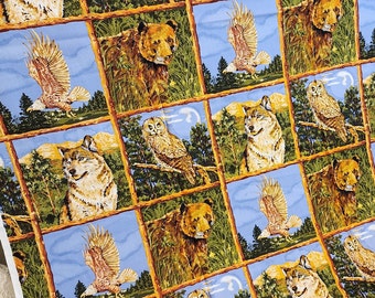 National Park Series #2297 Northcott Cotton Quilting Fabric Panel, bear, wolf, eagle, owl, woodland animals, cotton quilting fabric panel