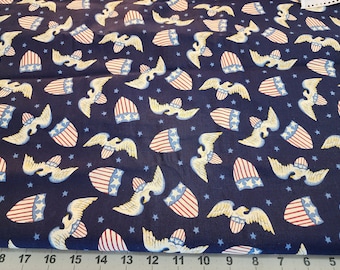 Patriotic cotton quilting fabric, eagle and flag, Americana fabric, destash quilting material by the yard, beige red light blue on navy