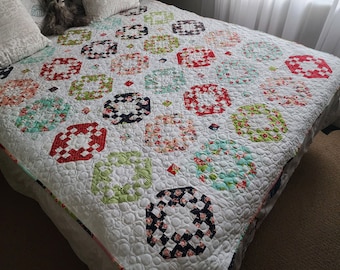 Floral Geometric Lap Quilt, Handmade Cotton Throw, Navy, Red, Aqua, Green on White