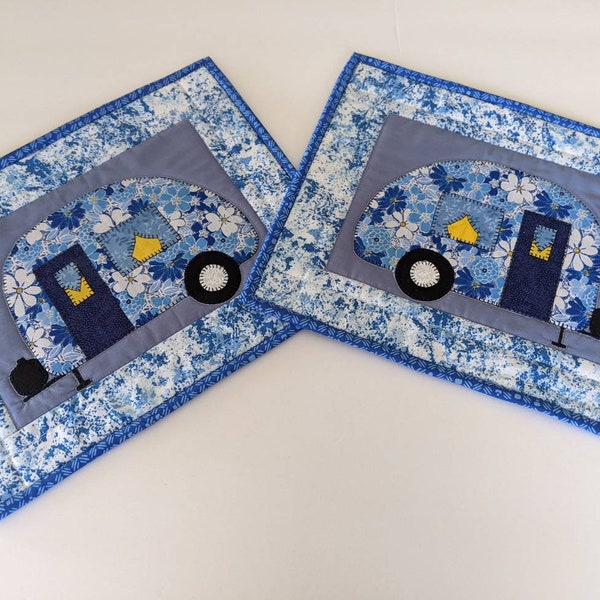 Camper mug rug set of 2,  quilted vintage camper snack mats, applique trailer mini mats, blue white