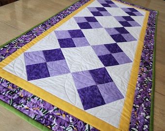 Quilted table runner, spring table quilt, purple white table topper, dresser scarf