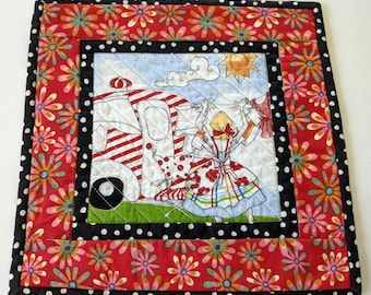 Retro camper mug rug, quilted snack mat, mug mat, candle mat, handmade, red