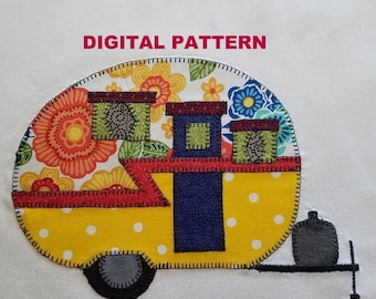 Vintage camper applique PATTERN, trailer instant digital PDF download, EASY sewing pattern instructions with templates, raw edge applique