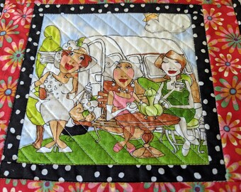 Quilted mug rug, retro camper snack mat, trailer mug mat, camping friends handmade mini placemat