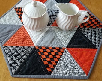 Halloween Hexagon Table Runner: Quilted Topper, Orange, Black, Gray