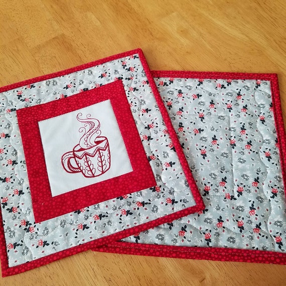 Quilted mug rugs embroidered coffee cup snack mats set of 2 Etsy