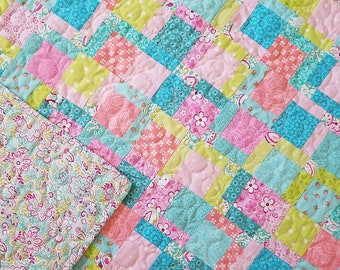 Baby quilt, modern patchwork, quilted baby blanket, play time quilt, aqua green pink coral, 37" x 37"