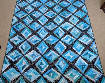 Lap quilt, modern scrappy patchwork quilt, string diamonds quilt, handmade quilted blanket, aqua teal black