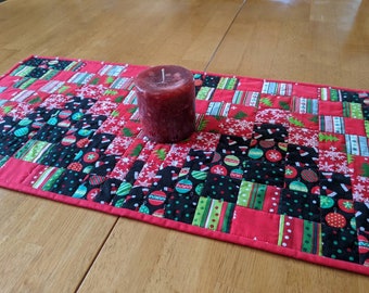 Quilted Christmas table runner, modern patchwork table topper, red green holiday table quilt