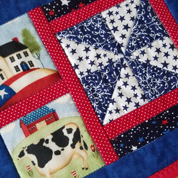 Americana mug rug quilted snack mat Folk Art Primitive farmhouse red white and blue patriotic July 4th Independence Day