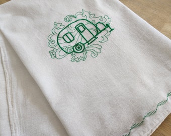 Vintage camper dish towel embroidered flour sack towel camper trailer kitchen towel camping decor glamping GREEN