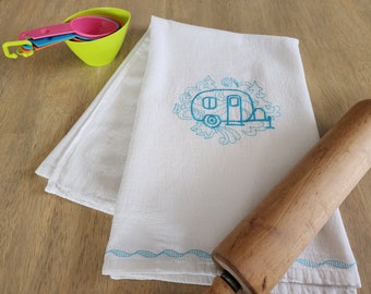 Vintage camper dish towel embroidered flour sack towel camper trailer kitchen towel camping decor glamping AQUA