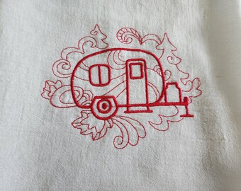 Vintage camper dish towel embroidered flour sack towel camper trailer kitchen towel camping decor glamping RED