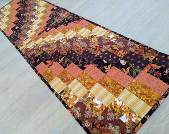 Fall table runner, quilted autumn table topper, modern patchwork table quilt, brown, rust, gold, 12.5" x 46"