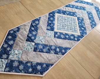 Christmas table runner, blue Christmas, quilted winter table runner, holiday table topper, blue silver cream handmade table quilt