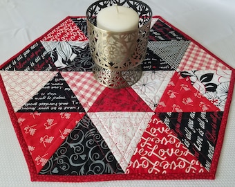 Valentines table topper modern hexagon table quilt handmade quilted table mat red black white 20" x 20"