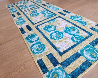 Floral table runner, roses table quilt, spring / summer table topper, quilted dresser scarf, aqua teal light green