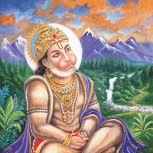 Puede incluir: Una pintura colorida de una deidad hindú, Hanuman, sentado en una postura meditativa con una corona dorada y joyas. Está rodeado de exuberante vegetación verde y una cordillera en el fondo.