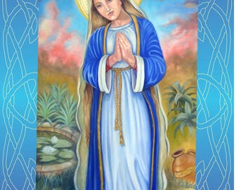 May include: A vertical painting of Mother Mary with long hair, a white head covering, and a blue robe over a white dress. She has hands clasped in prayer and a yellow halo. The background shows a pond with lilies, plants, and a clay pot.