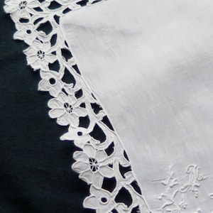 Antique Wedding french Square Hand embroidered Handkerchief White Gorgeous Vintage Whitework Souvenir from France image 1