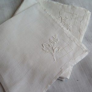 5 pretty white napkins delicately embroidered by hand Vintage France beautiful embroidery work heirloom.1900 1910