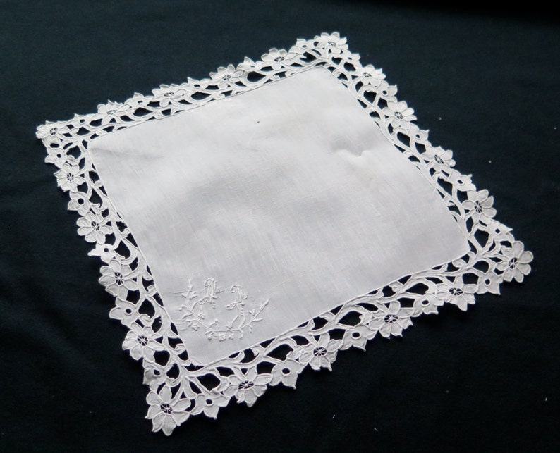 Antique Wedding french Square Hand embroidered Handkerchief White Gorgeous Vintage Whitework Souvenir from France image 1