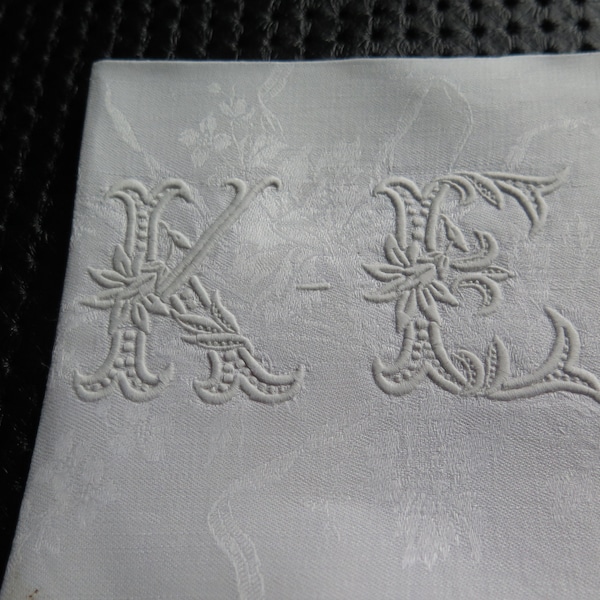 beautiful monogram K F fine embroideries handmade -interlacing of flowers  -vintage France  1900 heirloom damask