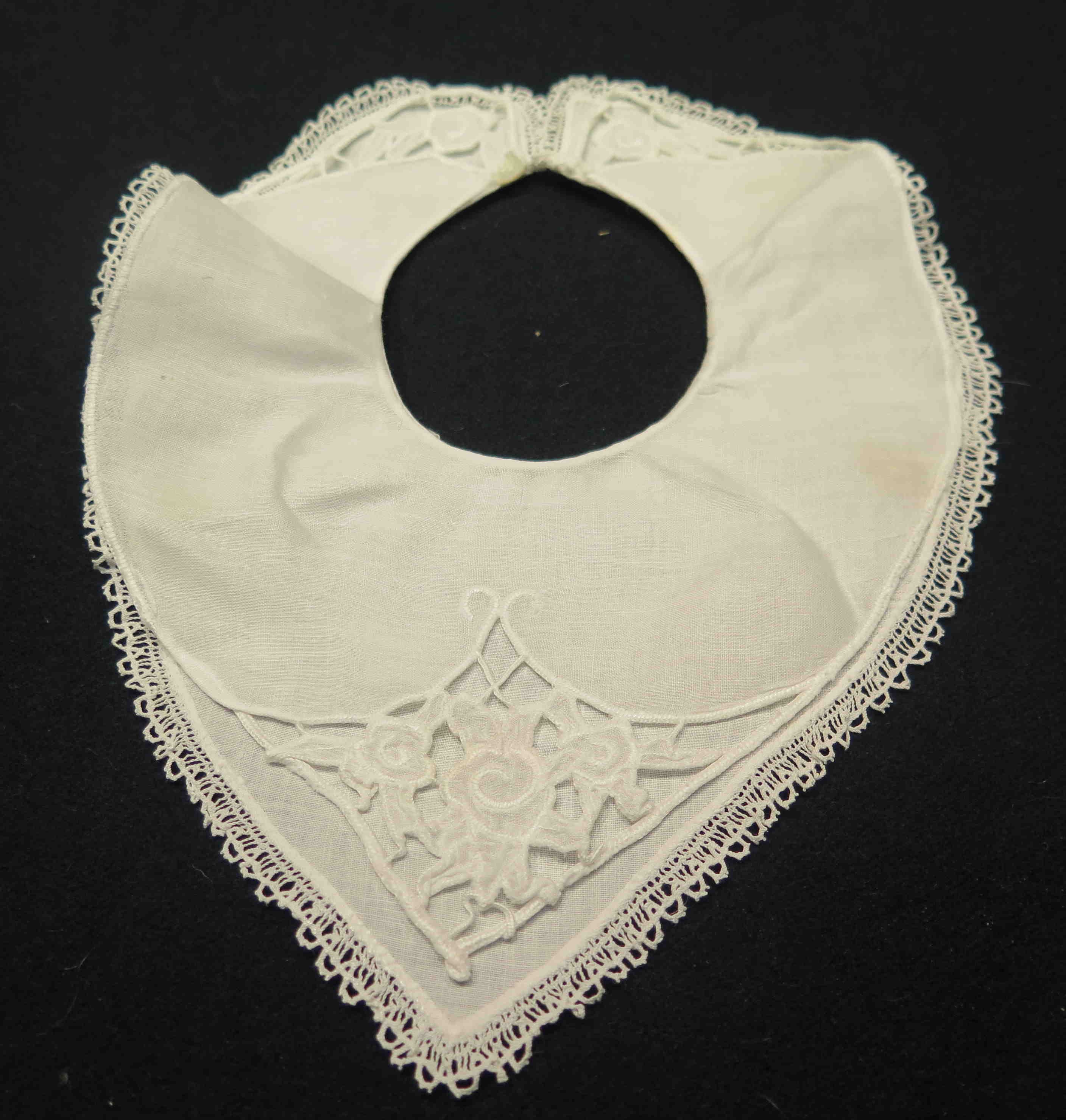 Antique French infant Baby Doll -Vintage Dress Accessories-Embroidered Lace- Embroidered White linen Bib from France