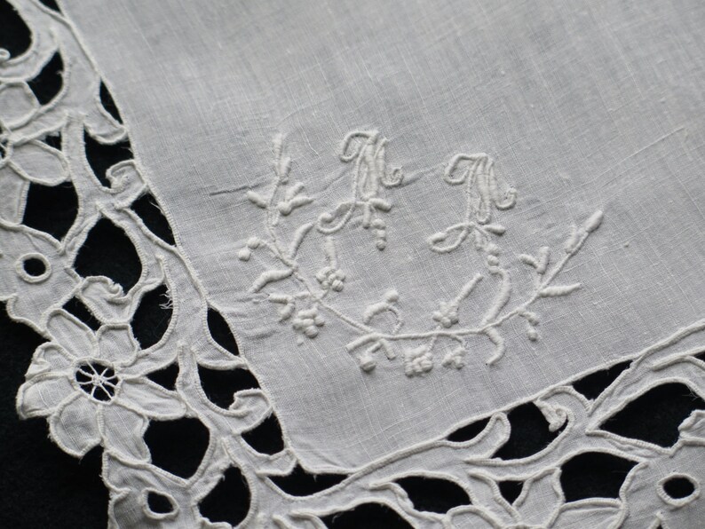 Antique Wedding french Square Hand embroidered Handkerchief White Gorgeous Vintage Whitework Souvenir from France image 2