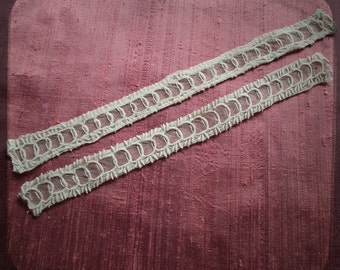 Antique French Lace hand embroidered on net sleeves Ribbon trim - Vintage Fine Handmade 1800s cuffs Whitework from France