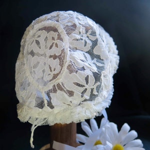 Antique French Kid Bonnet-Christening Bonnet-White Victorian Cotton Baby Hat-Bonnet lace Hat-Doll-Vintage-Accessories Embroidered Lace.