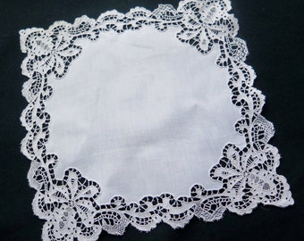 Antique Wedding French Square hand-Embroidered Handkerchief White gorgeous.Vintage White work.