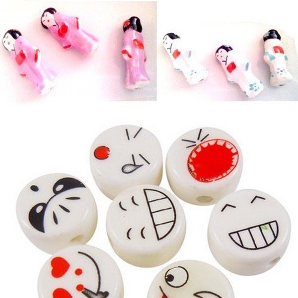 lot de 10 perles en porcelaine, japonaises ou smileys, au choix