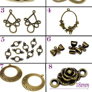 以下が含まれることがあります： アンティークゴールド調の金属製のジュエリー金具8点セット。鳥のチャーム2個、無限大のシンボル、2組のぶら下がりチャーム、8個のジャンプリング、2個のリボンチャーム、2個の丸いチャーム、バラの形をしたコネクターが含まれています。コネクターの長さは18mmです。