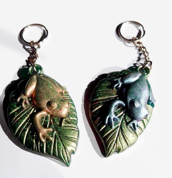 Frog Key Ring on Its Leaf, Choice of Handmade Resin, Several