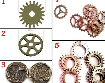 Lot de 10 breloques rouages, pour création steampunk, bronze, 5 modèles au choix