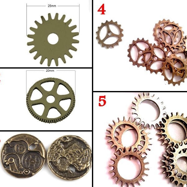 Lot de 10 breloques rouages, pour création steampunk, bronze, 5 modèles au choix