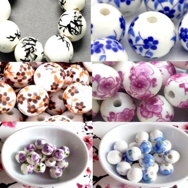 lot de 10 perles en porcelaine, rondes, motifs au choix, 12 et 10mm