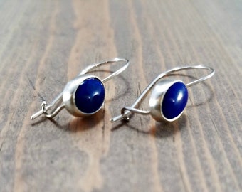 Small Cobalt Blue Lapis Earrings, Lapis Lazuli Kidney Wire Locking Hook, Comfortable Lightweight Everyday Navy Blue Gemstone Silver Dangles