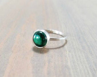 Green Malachite Ring, Small Sterling Silver Stacking Ring, Women's Ring Size 5 1/2, Handmade One of a Kind Gemstone Hammered Statement Ring