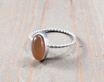 Oval Peach Moonstone Ring, Sterling Silver Twisted Wire Ring, Women's U.S. Size 6, June Birthstone Jewelry, Delicate Thin Band Stacking Ring