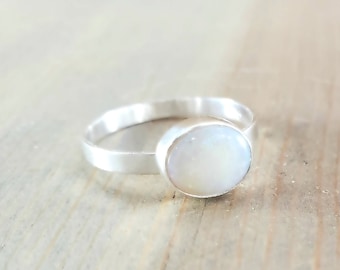 Oval Opal Ring, Women's US Size 8 Ring, Delicate Thin Band Lightweight Sterling Silver Gemstone Ring, October Birthstone Opal Jewelry Gift