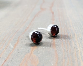Red Garnet Stud Earrings: Sterling Silver, January Birthstone