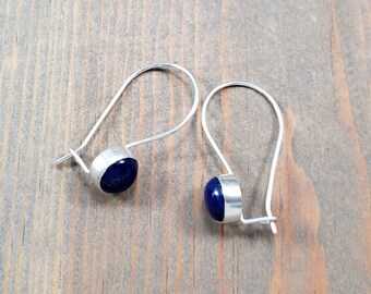 Small Blue Lapis Earrings, Sterling Silver Kidney Wire Locking Hook Latch, Comfortable Secure Modest Blue Gemstone Everyday Closed Earrings