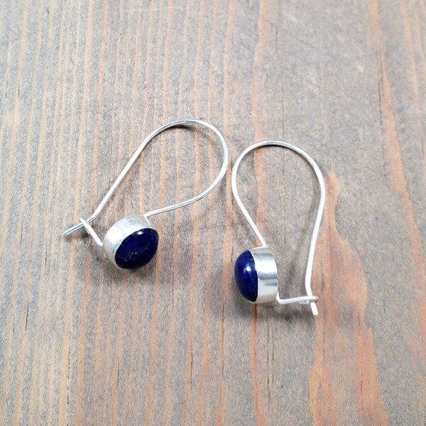 Small Blue Lapis Earrings, Sterling Silver Kidney Wire Locking Hook Latch, Comfortable Secure Modest Blue Gemstone Everyday Closed Earrings