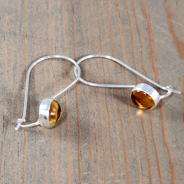 Yellow Citrine Earrings, Kidney Wire Locking Latch Hook, Short Stay Put Everyday Earrings, November Birthstone Jewelry, Bezel Set Cabochon