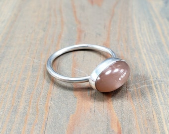 Peach Moonstone Ring set on a Solid Sterling Silver Band, Women's US Size 7 1/2, Horizontal Set Oval Gemstone Ring, June Birthstone Jewelry