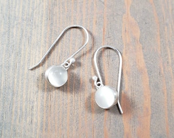 Small Moonstone Earrings, June Birthstone Jewelry, Elegant Dainty White Gemstone and Sterling Silver Dangle Earrings, Bridesmaid Gift Idea