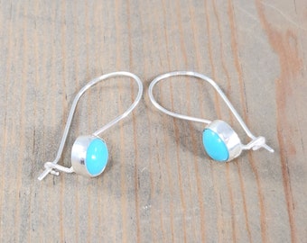 Dainty turquoise earrings, everyday small sterling silver kidney latch back wire earrings, blue turquoise jewelry, December birthstone