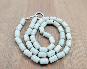 Beaded Amazonite Necklace, 20 Inch Knotted Single Strand Light Aqua Blue Gem Necklace, Hand Formed Sterling Silver Clasp, Tube Beads